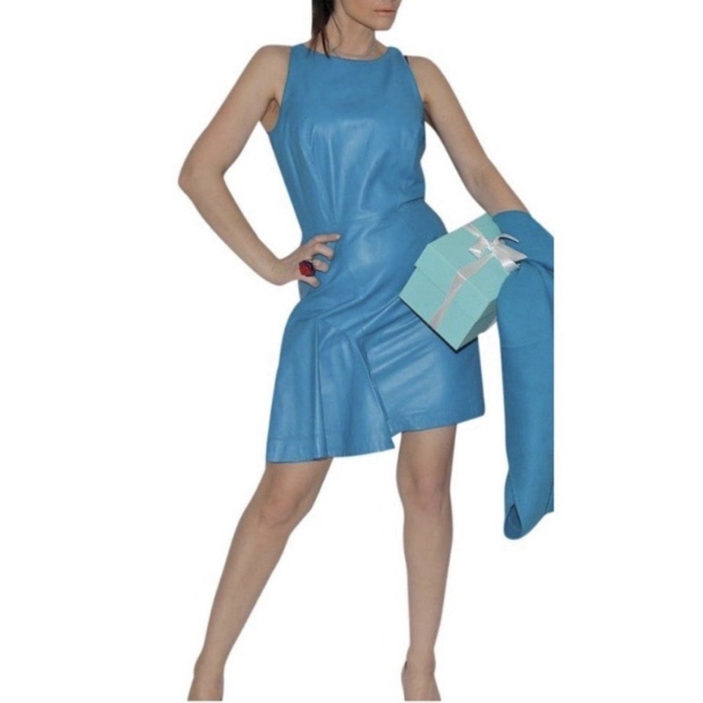 Milly Of NY Size 12 Saxton Sleeveless Lambskin Leather Midi Dress Blue USA RARE!